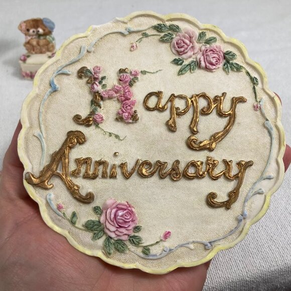 1996 Popular Imports Resin Tea Set Lot • Happy Anniversary Plate & Pieces - Picture 2 of 9